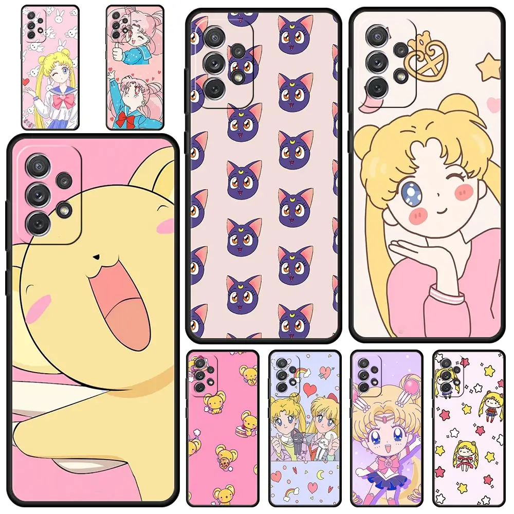 Cute Cartoon Sailor Moon Phone Case for Samsung Galaxy A72 A51 A71 A21S A12 A11 A31 A52S A41 A32 A01 A22 A03S A13 5G Black Cover