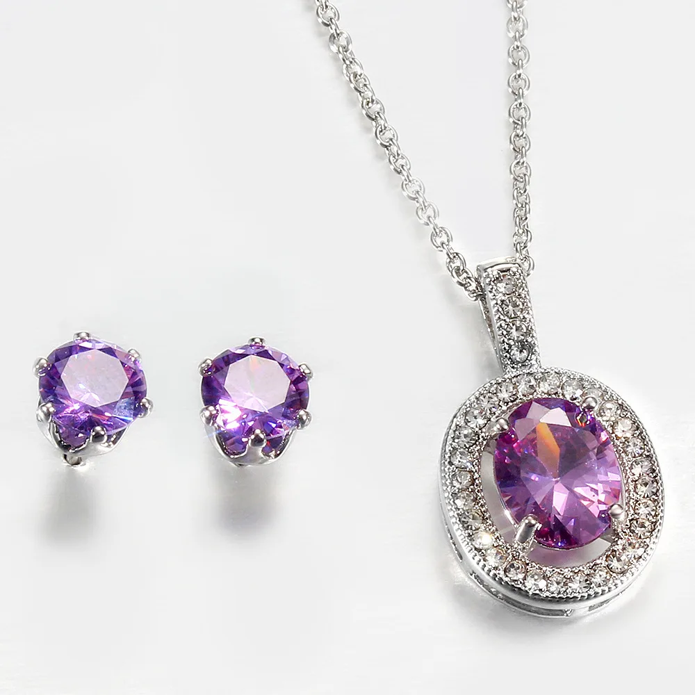 

Luxury Purple Women's Party Commemorative Set Simple Shiny Zircon Silver Round Necklace Earrings Fashion Jewelry Wholesale