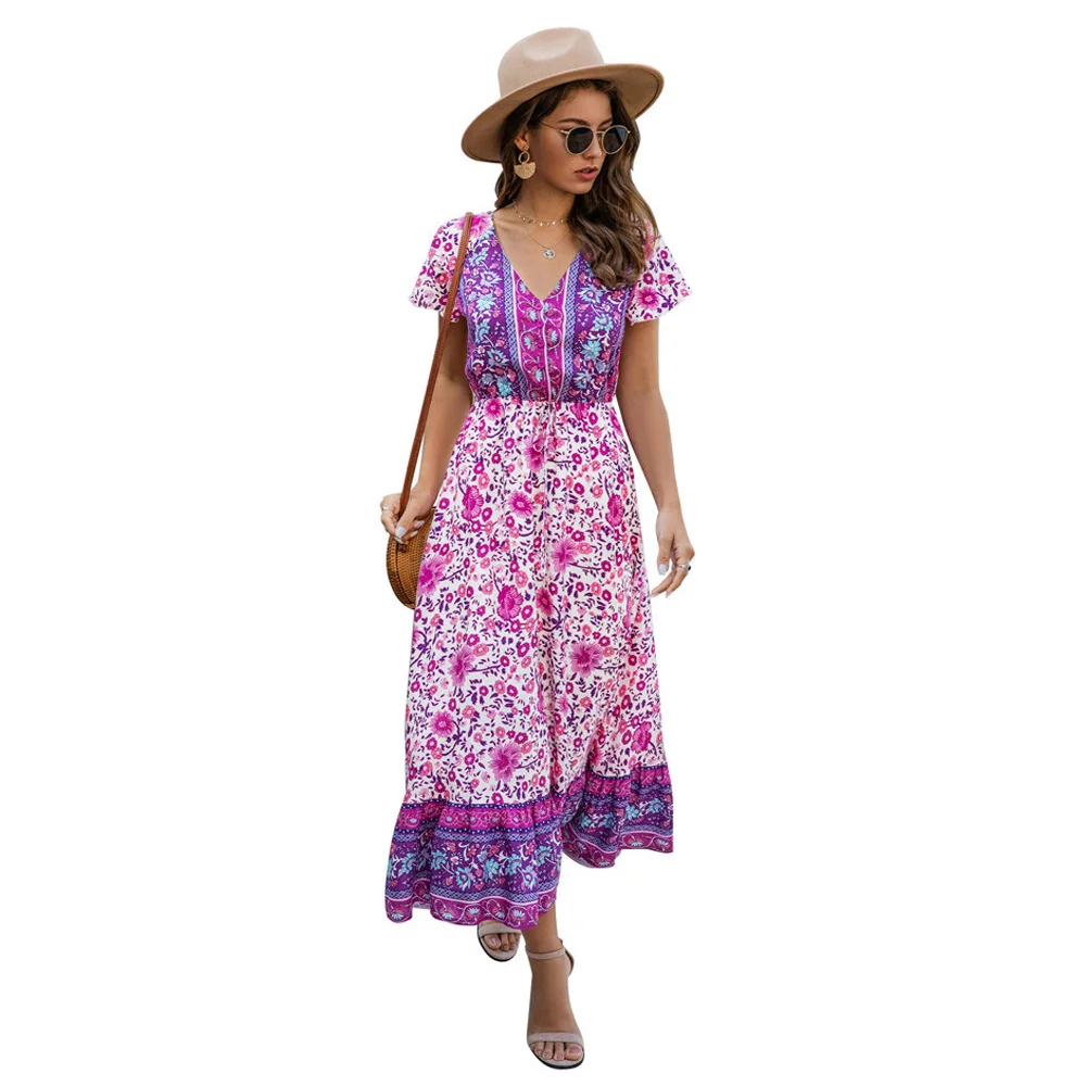 

New Women Dresses Retro Print V-neck Short-sleeved Bohemian Lace-up Long Dress Summer Ladies Big Swing High Waist Dress Vestidos