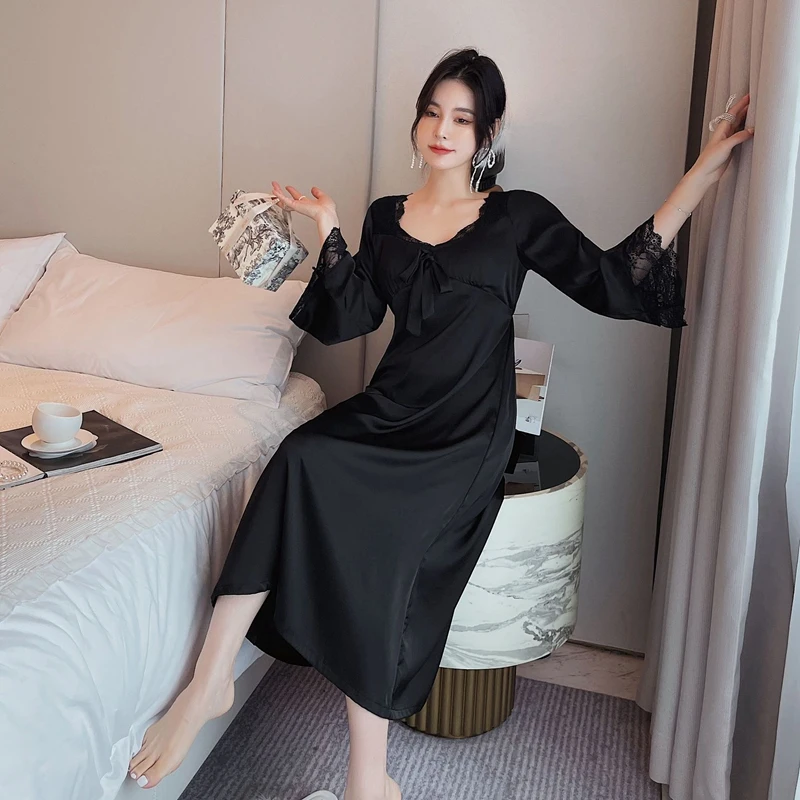 Silk Nightgowns Women's Nightwear Long Dress Sleepwear Elegant Lace Nighty Satin Luxury Ladies Lingerie Sleep Tops Dress