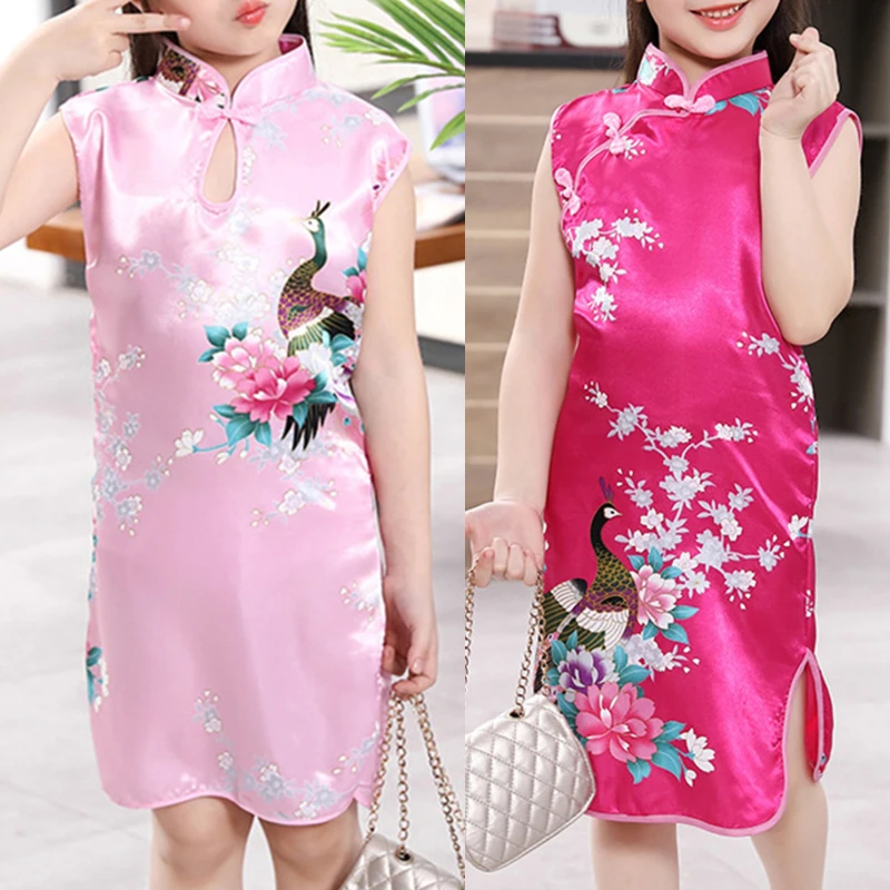 

Cheongsam Dress 2Y-8Y Baby Girl Summer Clothes Peacock Sleeveless Slim Traditional Dress Child Girls Clothes Chinese Style Qipao