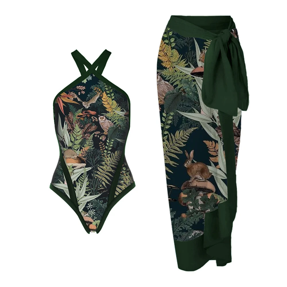 

Fantasy Jungle Print Swimsuit Vintage One Piece Women Bathing Suit Summer Beachwear Cover Up Vacation Beach Swimwear