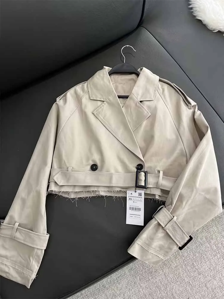 

Women New Fashion With Belt Cropped Double Breasted Casual Trench Coat Vintage Long Sleeve Female Outerwear Chic Overcoat