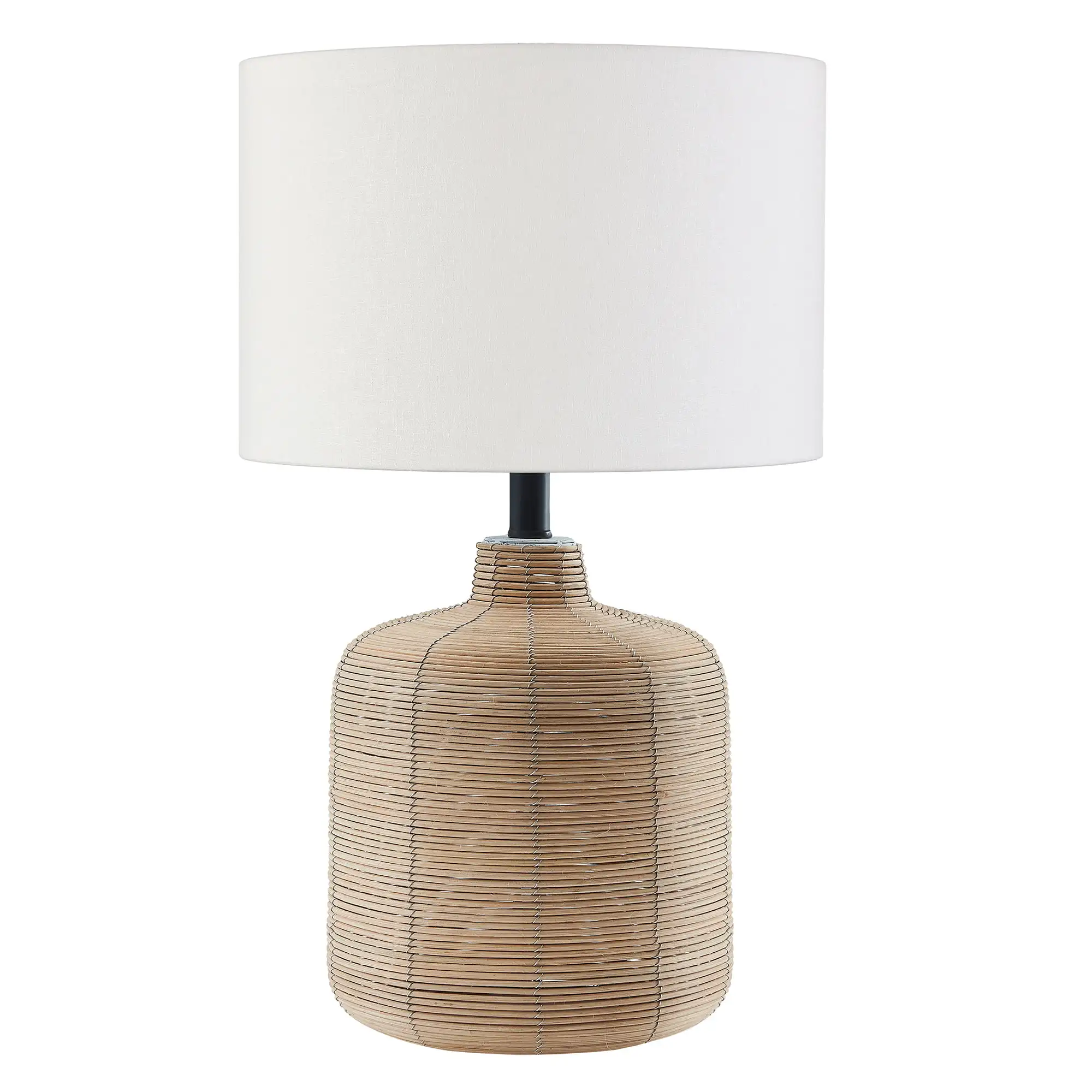 

Modern Petite Rattan Table Lamp with Blackened Steel Accents