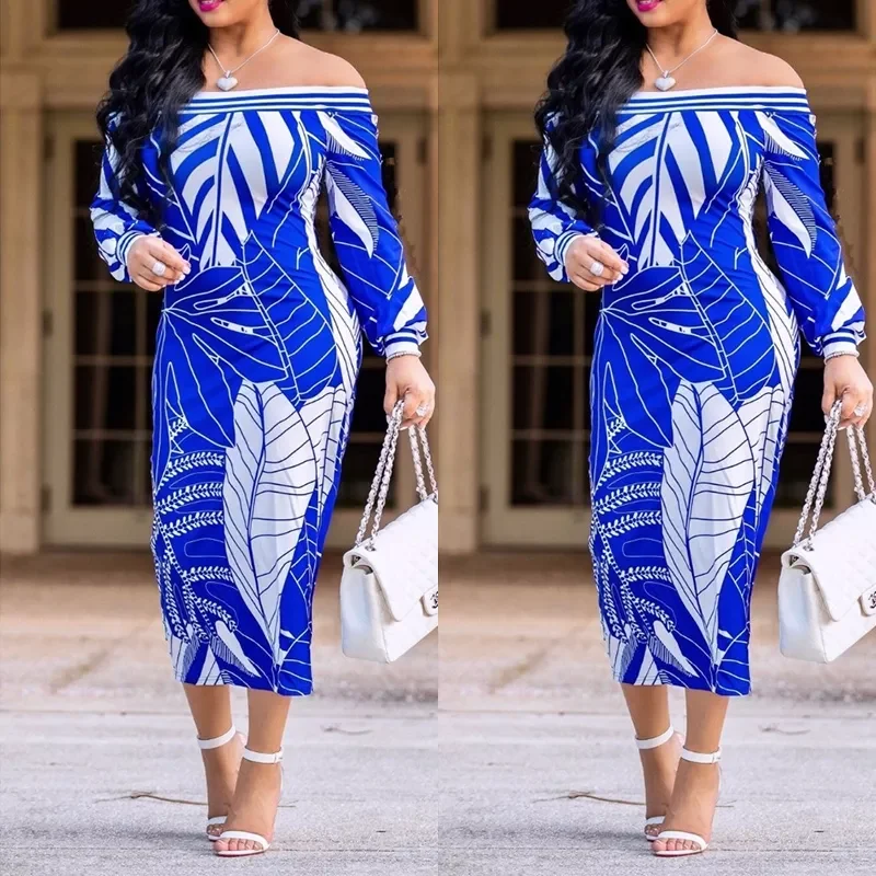 

New in shoulder sexy S-5XL plus size leaf midi dresses summer spring bishop sleeve boho long dress female women long floral dres