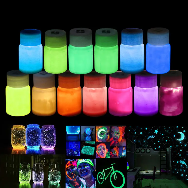 

15-60g/Bottle Fluorescent Pigment Long-Lasting Luminous Paints Auto Glow Glow In Dark Acrylic Paints For Artwork Party Supplies