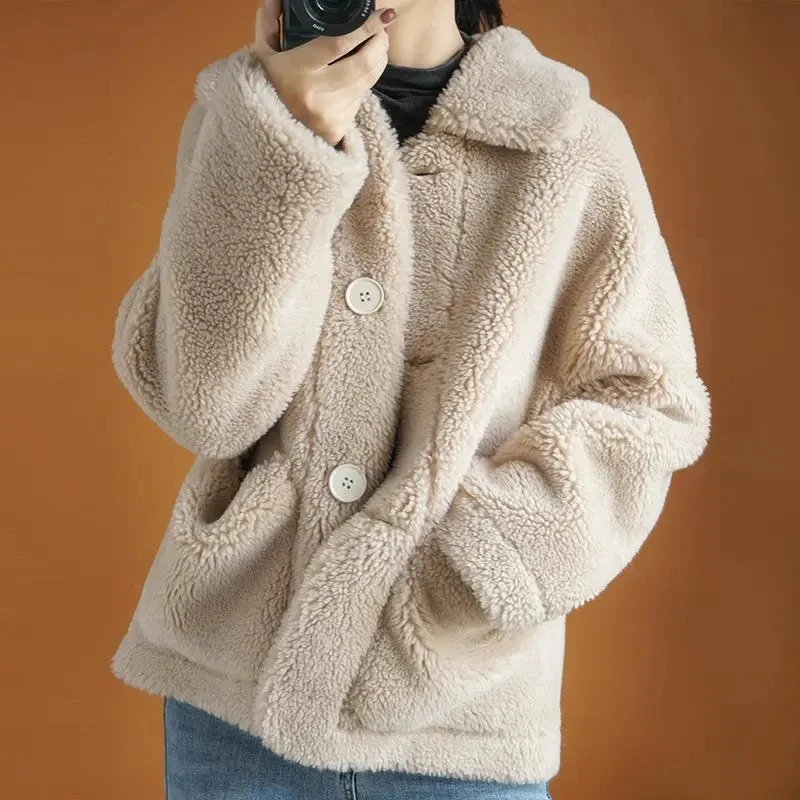 

Pop Nice Winter Warm Lamb Wool Coat Women Nice Korean Turn Down Collar Teddy Bear Coats Woman Streetwear Button Fur Jackets