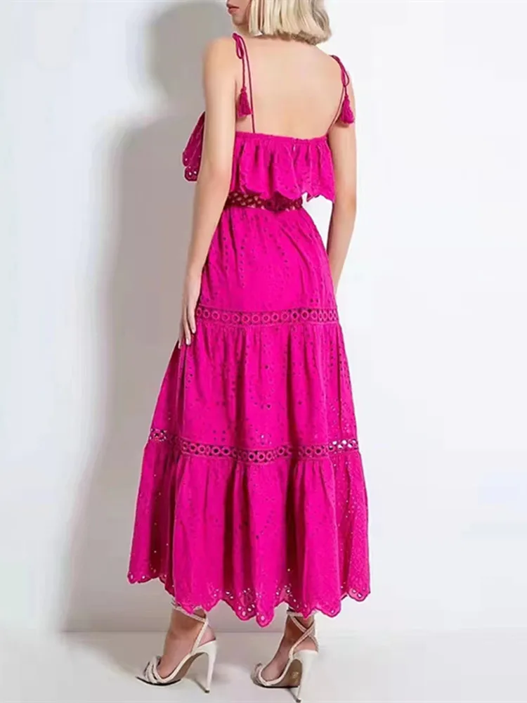

Summer 2022 Ruffles Stitching Hollow Out Sling Midi Dress for Women Female Sexy Off-Shoulder Sleeveless Long Robes