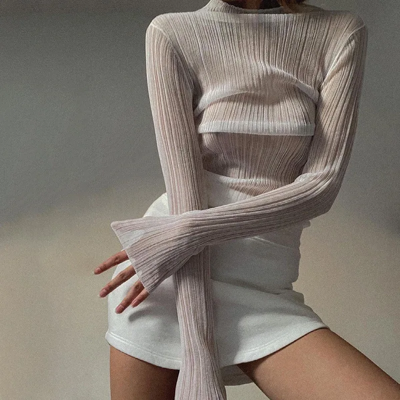 

European and American ins style new women's long-sleeved mesh see-through T-shirt women's solid color high-necked slim-fit top