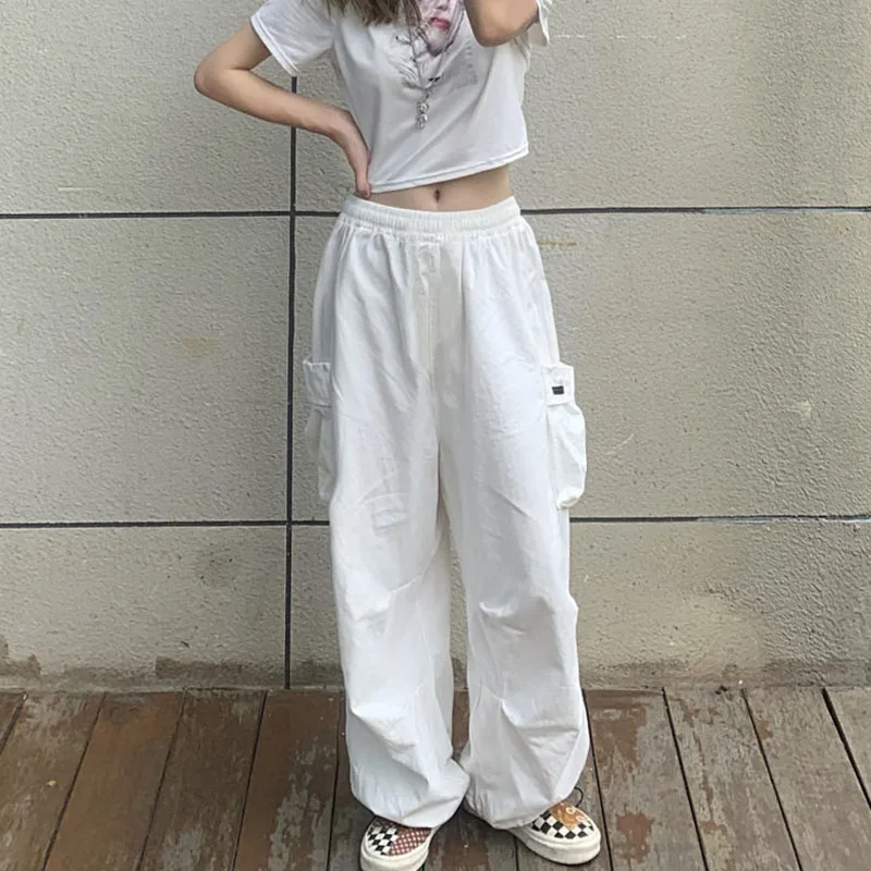 

MEXZT Hip Hop Cargo Pants Women Streetwear Y2K Oversize Pockets Loose Joggers Sweatpants Bf Elastic Waist Wide Leg Trousers