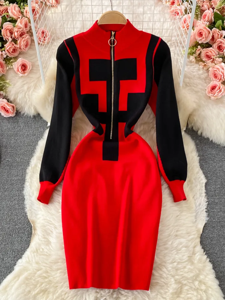 

Женское трикотажное платье в Корейском стиле, маленькое элегантное клетчатое платье-свитер в стиле пэчворк на молнии, Осень-зима