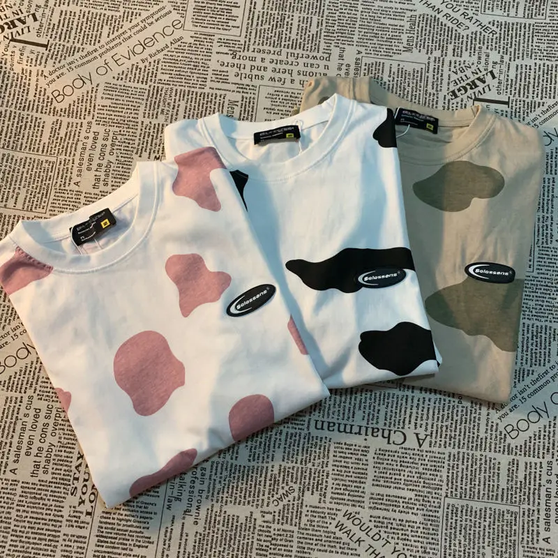 Женская футболка в стиле Харадзюку розовая с принтом молочного цвета и