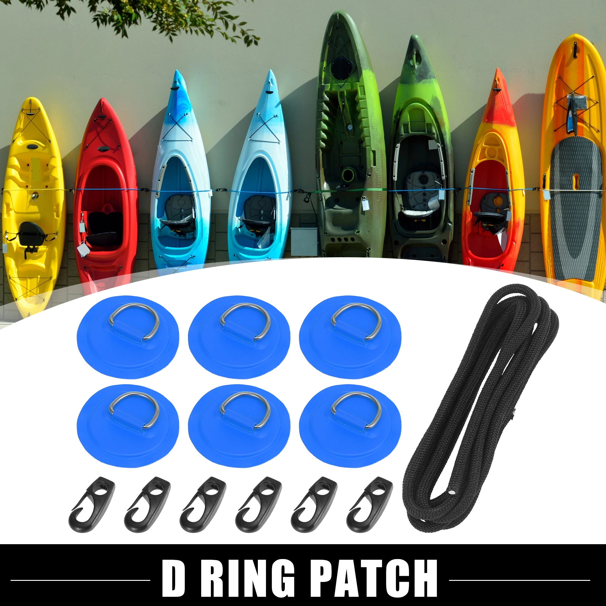 

X Autohaux D Ring Patch Round Shape D Ring Pad Set Surfboard PVC Patch for Inflatable Boat Kayak Canoe Deck Blue with Hook Rope