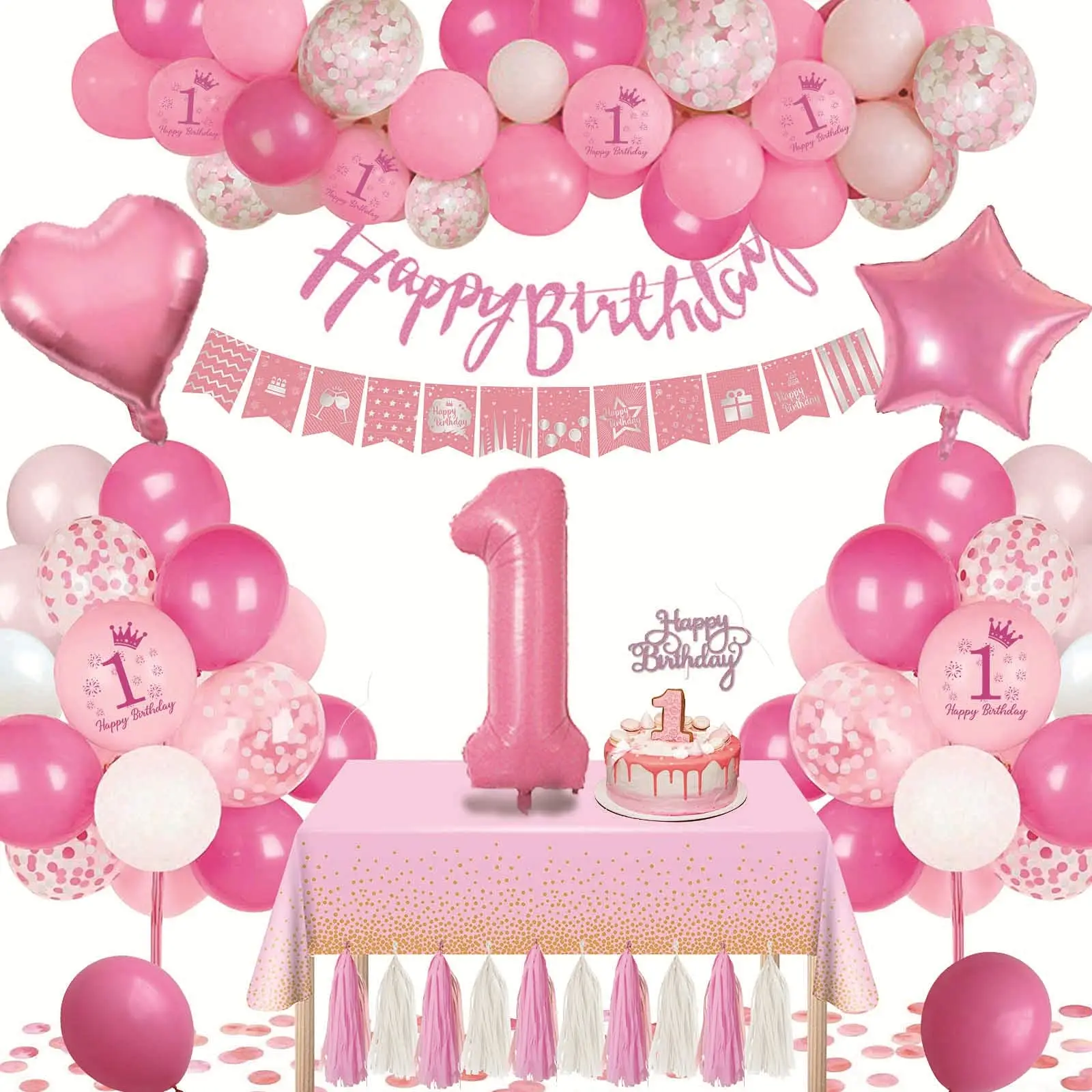 

1st Birthday Decorations for Girls Pink Birthday Balloons Happy Birthday Banner with Number 1 Balloon Pink White Confetti Balloo