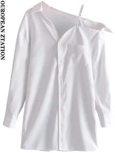 PAILETE Women 2022 fashion one-shoulder poplin mini shirt dress vintage long sleeve button-up female dresses vestidos mujer