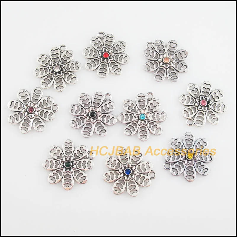 Модные тибетские посеребренные подвески в стиле ретро со снежинками 20 шт. смешанные кристаллы 21x23 мм