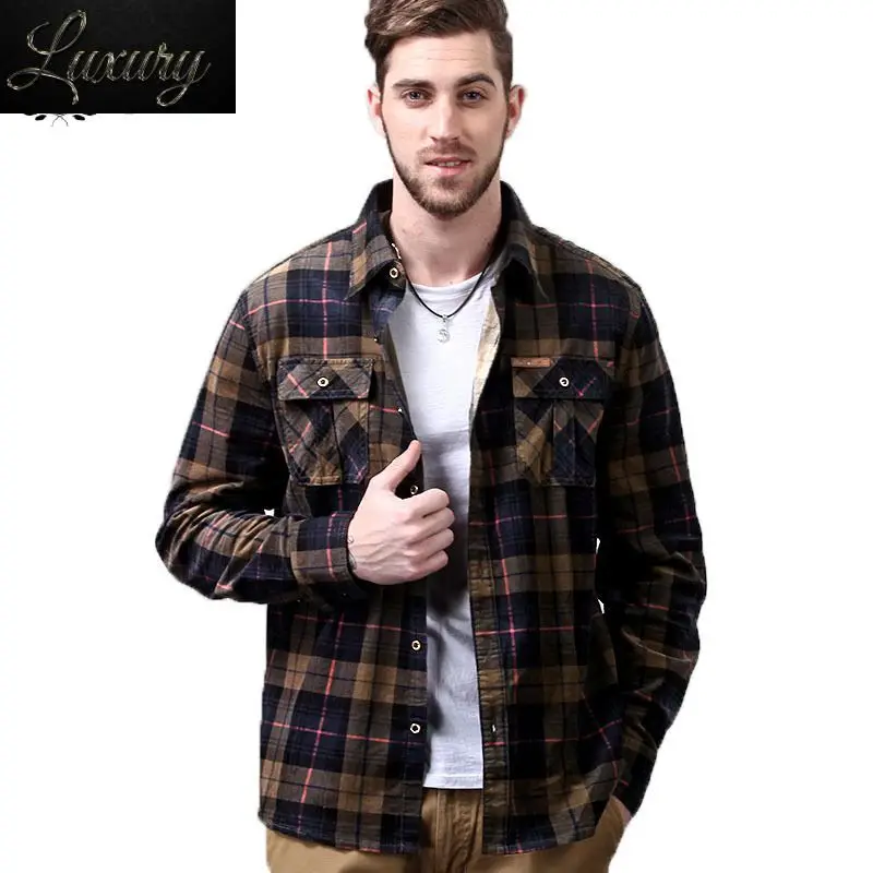 Military Style Men Shirt Fashion Army Long Sleeve Corduroy Male British Plaid Flannel Cotton High Quality Clothing Top