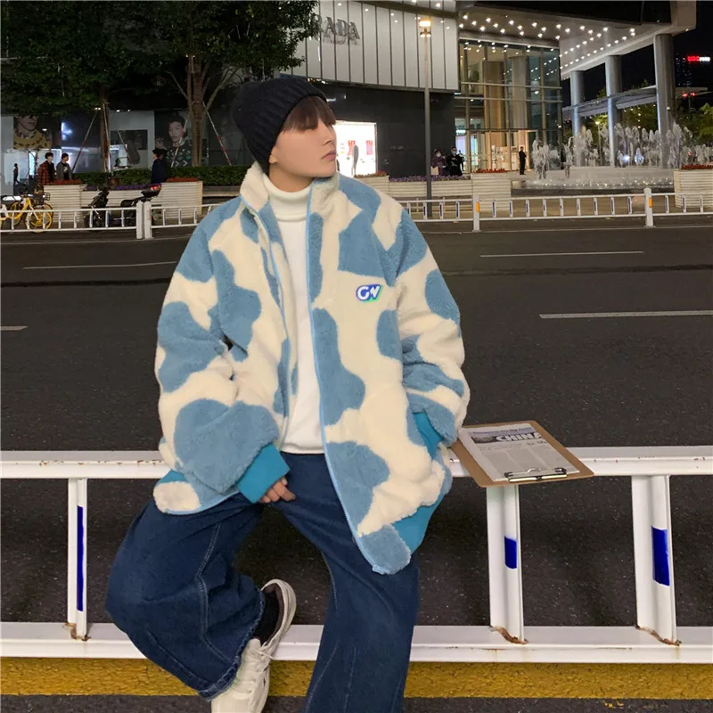 Milk Cow Pattern Fleece Jacket for Men 2020 Winter Fashion Trend Warm Clothes Teenager Loose Fit Padded Coat Harajuku Streetwear