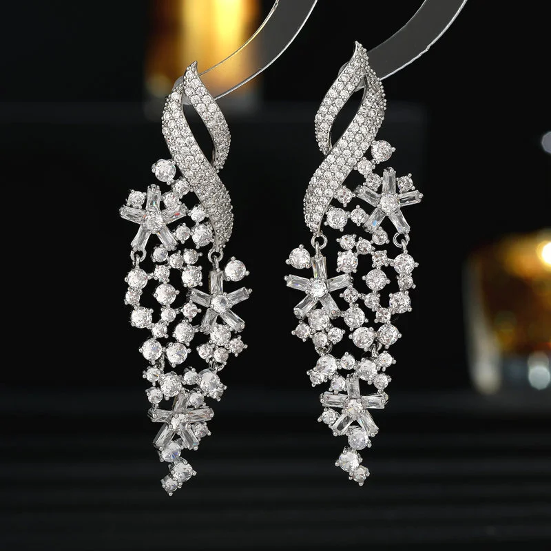 

Luxury Cubic Zirconia Charm Long Tassel Drop Earrings Crystal Rhinestone Flower Dangle Earrings Bridal Wedding Jewelry Statement