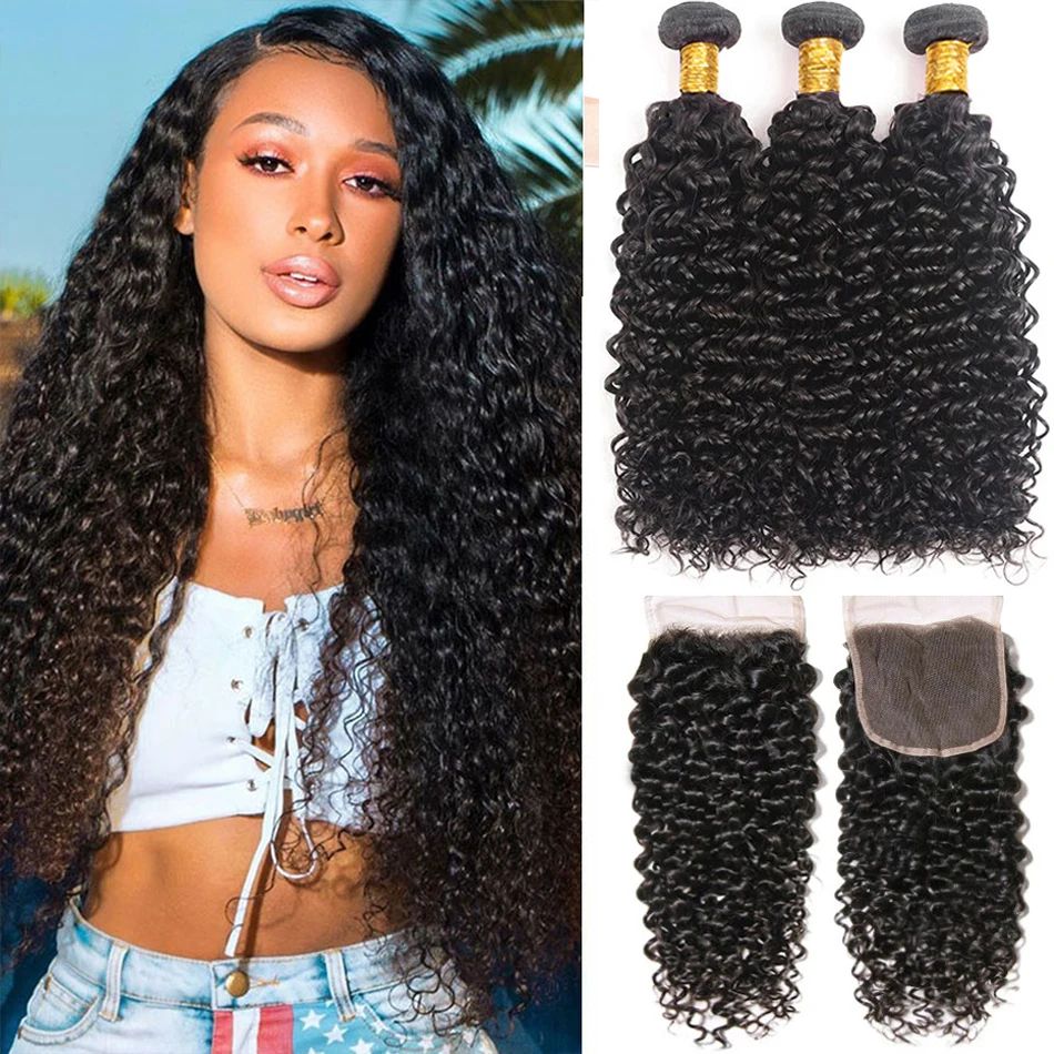 Kinky Curly Bundles with Closure Malaysian Human Hair Extension Deep Curly 3 Bundles With Closure Wholesale Curly Hair Bundles