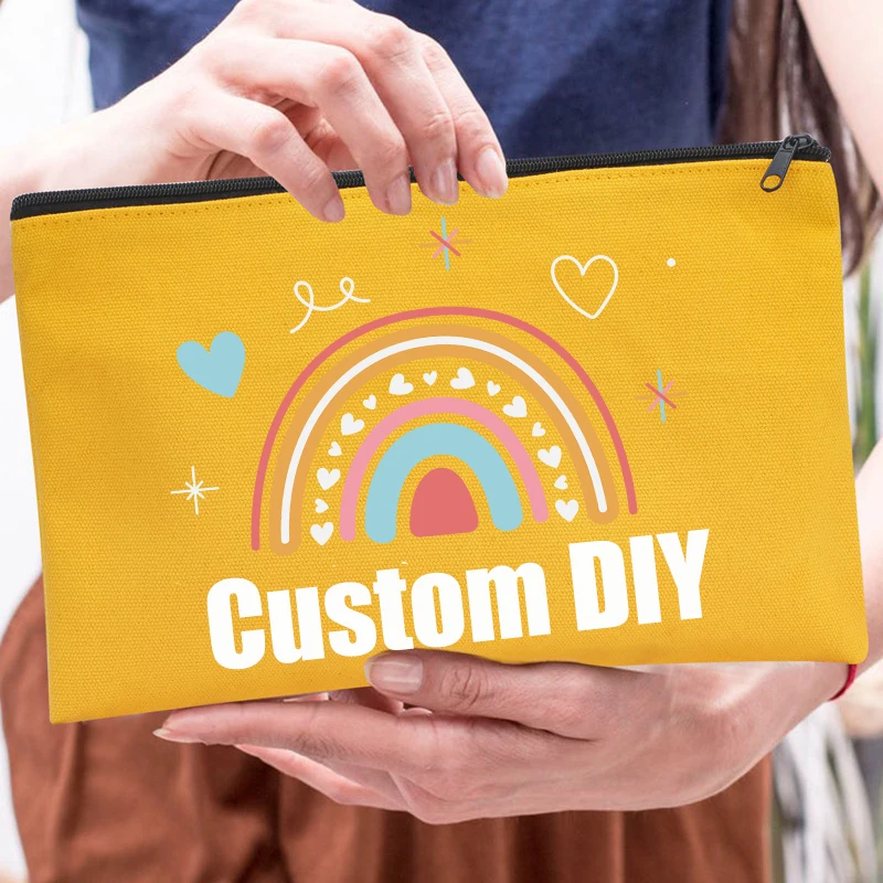 Custom DIY Rainbow Design Canvas Makeup Cosmetic Bags Zipper Pouch Bags Personalized Unique Student Pencil Box Case For Children