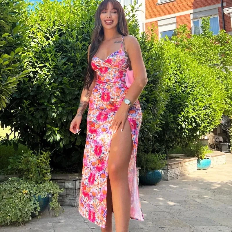 

2023 summer women's fashion sexy printing v-neck sling long split sling dress