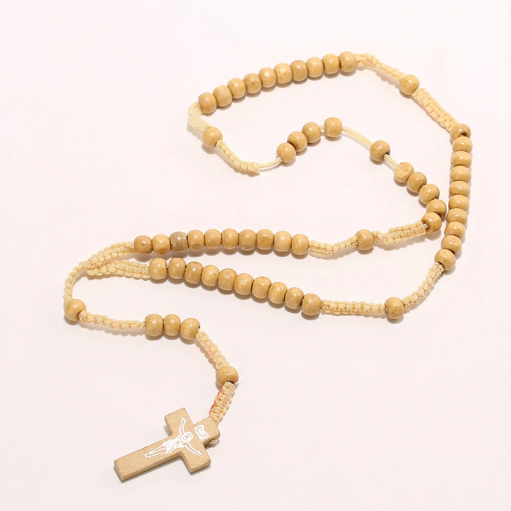 

Fashion Retro Style Men Women Catholic Christ Wooden Rosary Bead Cross Pendant Woven Rope Necklace