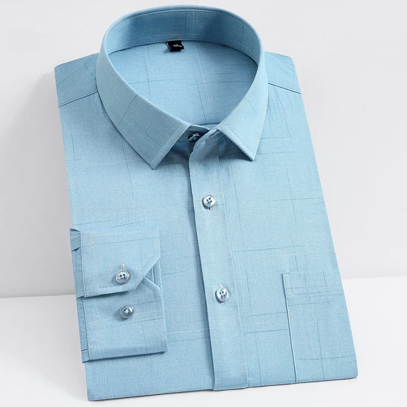 

Bamboo Fiber Long Sleeve Men's Dress Shirts Formal Business Mens Plaid Shirt Casual Soft chest Pocket Comfortable Social clothes