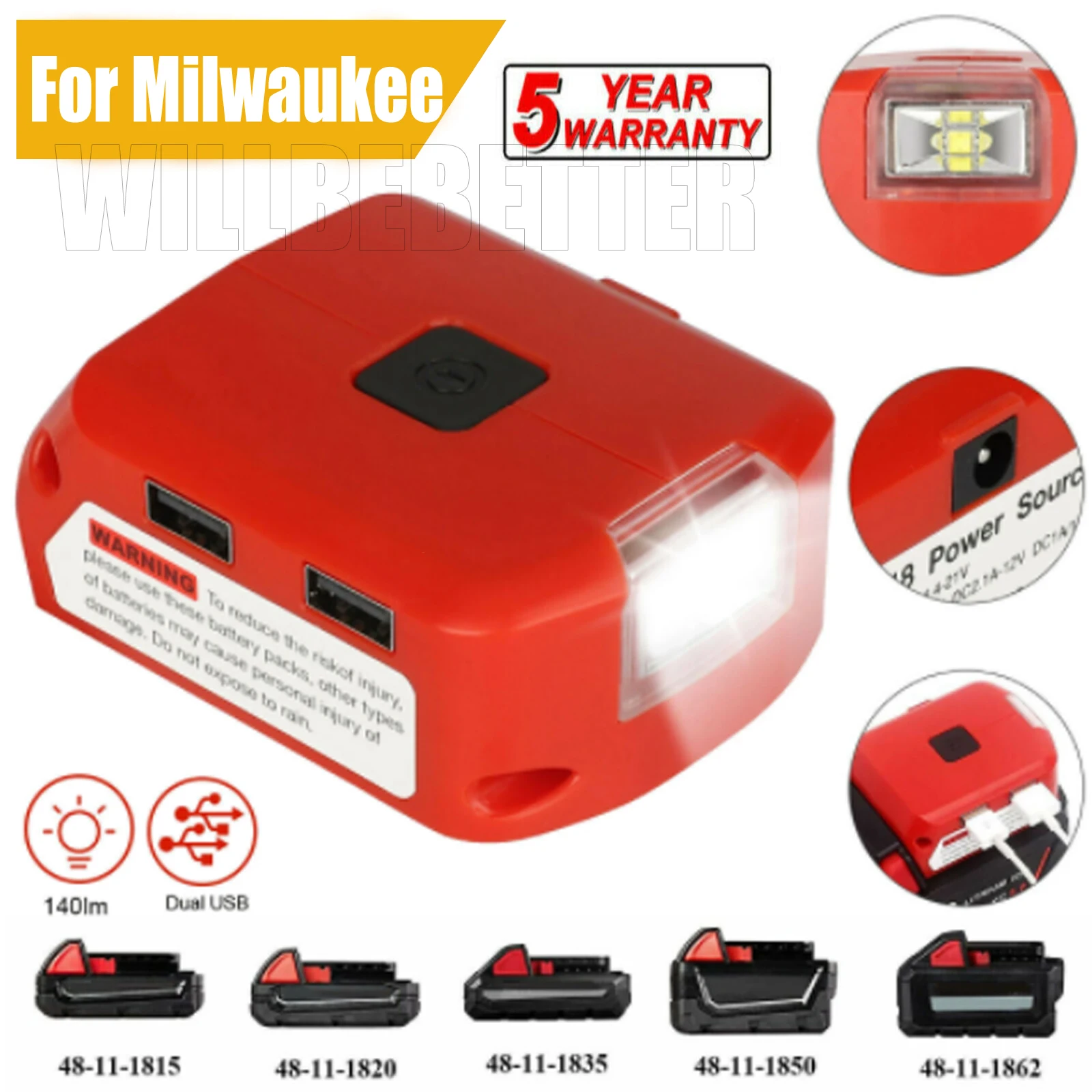 Battery Adapter For Milwaukee 18V Battery USB Charger Power Source with USB & Type C Port DC 12V/2A LED Light For Heated Jacket enlarge