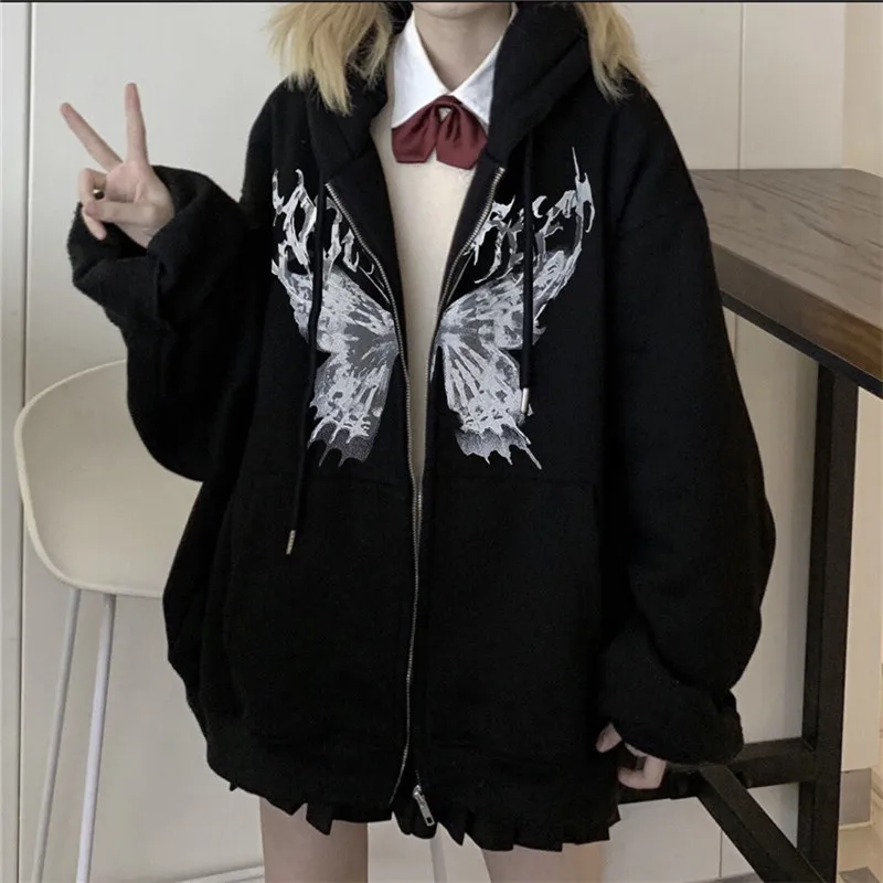 Harajuku Butterfly Printed Hoodies Women Y2k Long Sleeve Zipper Jacket Coats Autumn Winter Punk Oversize Hooded Sweatshirts