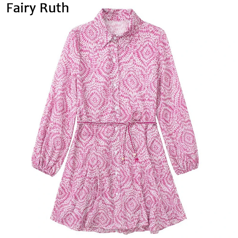 

2022 Summer New Women Fashion with Belt Printed Ruffled Shirt Dress Vintage Long Sleeve Front Buttons Female Dresses