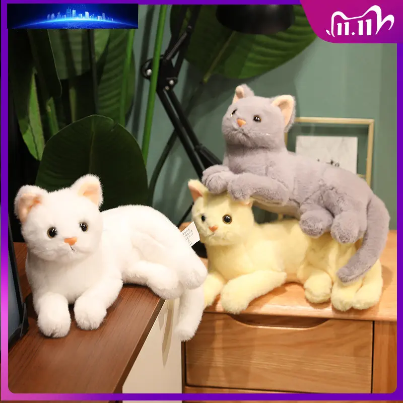 

Kawaii Plush Cats Like Real Prone Cat Plush Doll Stuffed Pure Colors Grey White Yellow Kitten Toy Pets Animal Kids Gift Toys