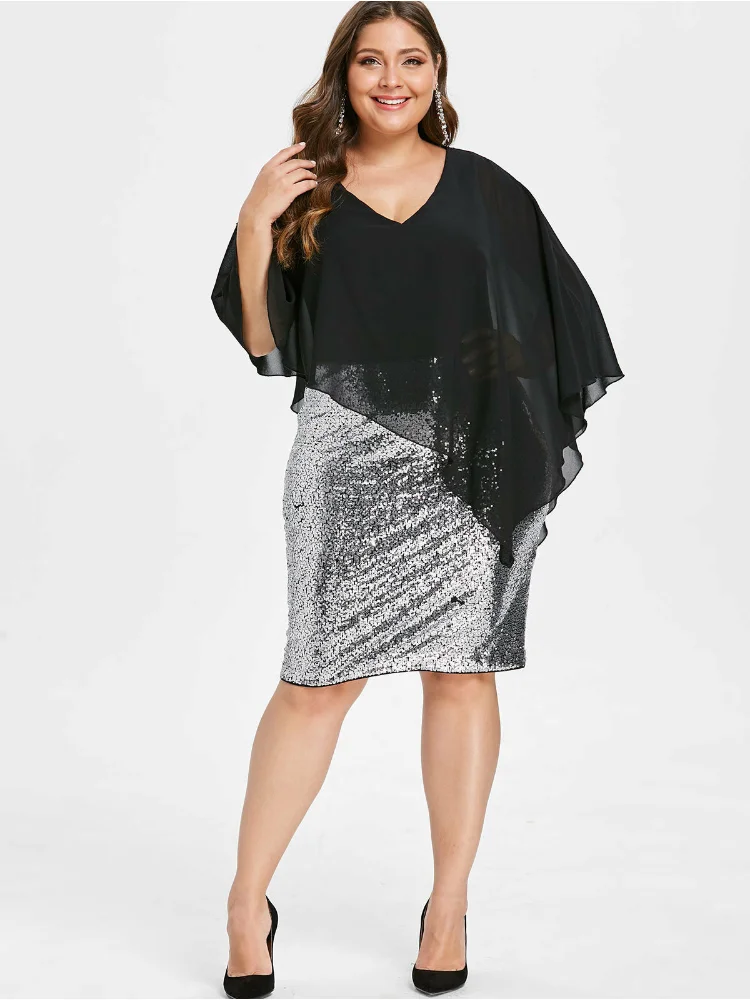 Sequin chiffon shawl dress plus size women clothing  v neck party dress