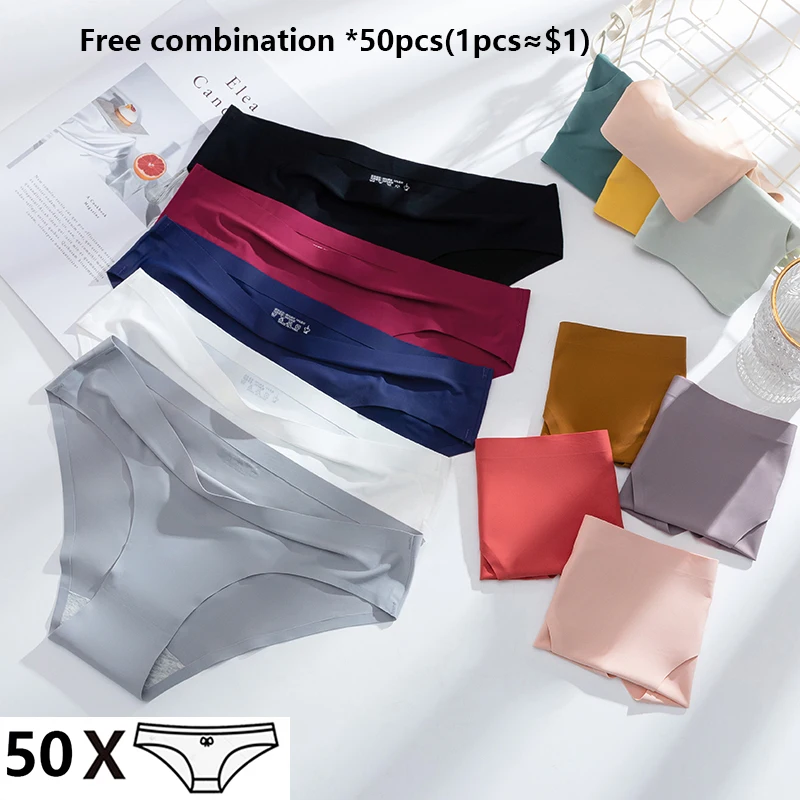 

Briefs Panties Women's 50pcs Fit Invisible Underwear Ladies Cotton Sexy Silk Panties Seamless Wholesale Lingerie Underpants