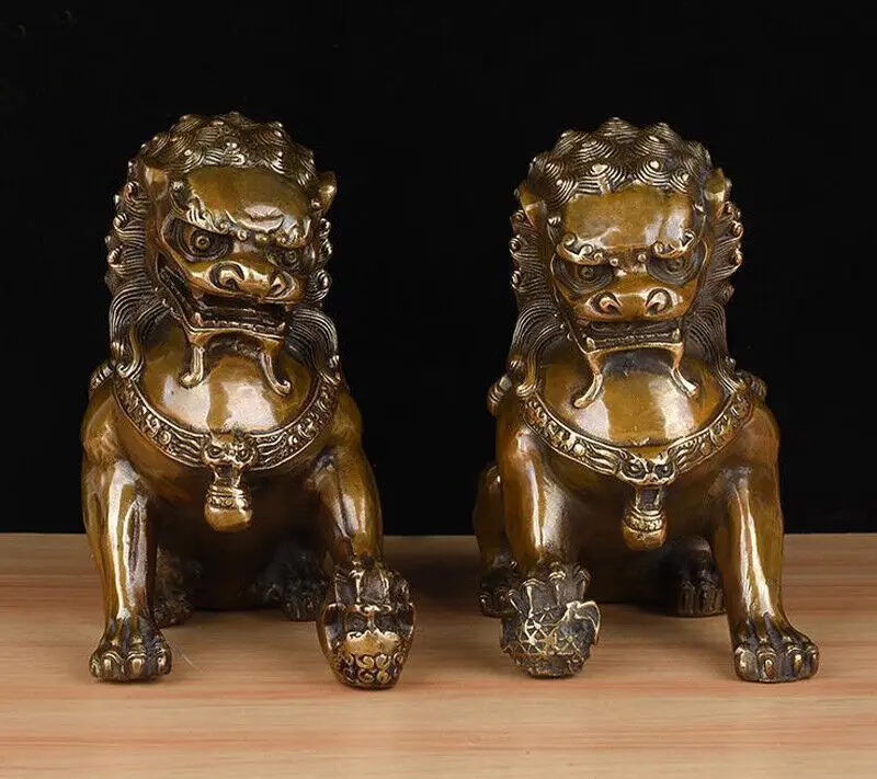 

16cm Pair Auspiciou Bronze Fu Foo Dog Lion Statue fengshui Wealth Lions Statues