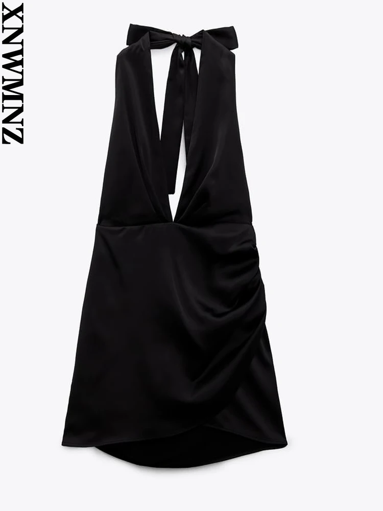 

XNWMNZ 2022 Women Fashion Satin Mini Dress Woman Resort Style Lace-Up Halter V Neck Female Chic Dresses