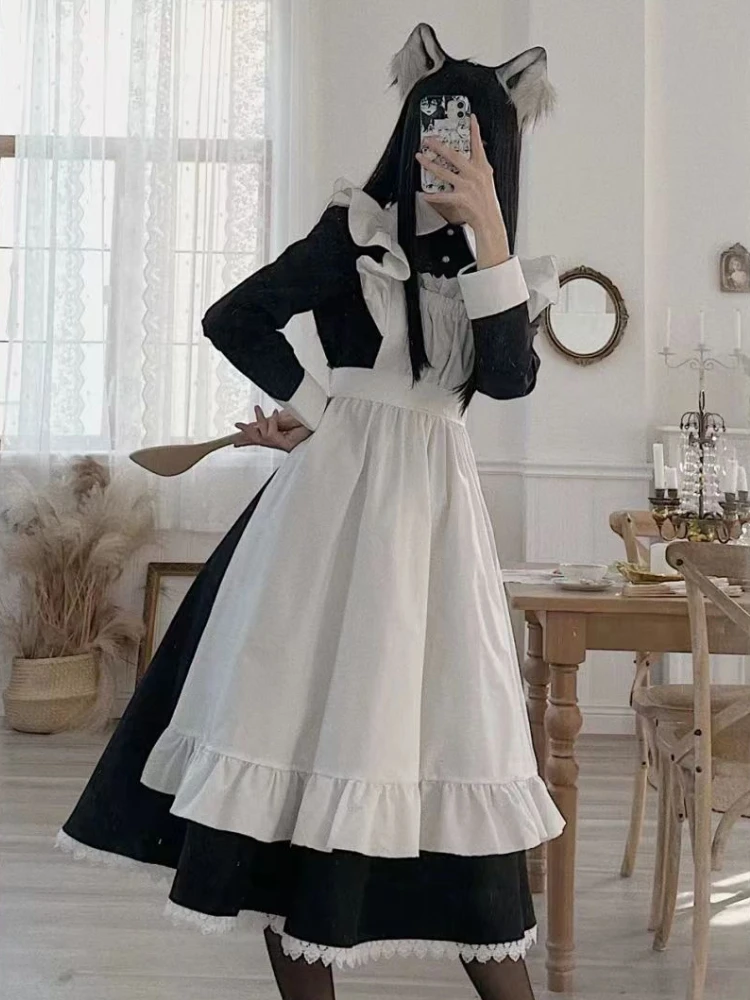 

Милое платье горничной лолиты, французское винтажное деловое стильное белое платье, Готическая Лолита, черное платье, женское мягкое платье миди для служанки
