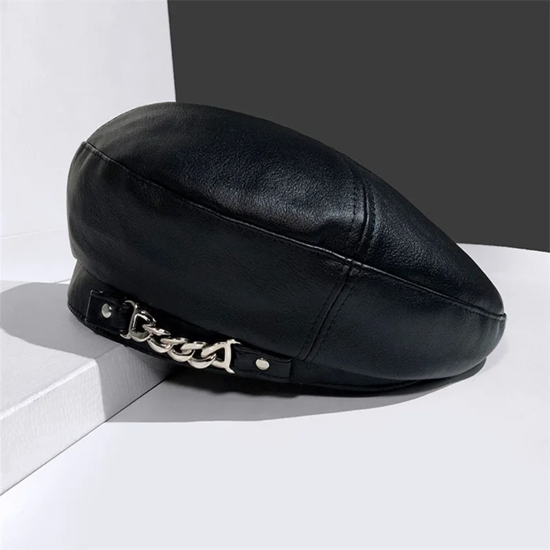 Новый Берет шапки для женщин осень зима весна искусственная кожа металлическая