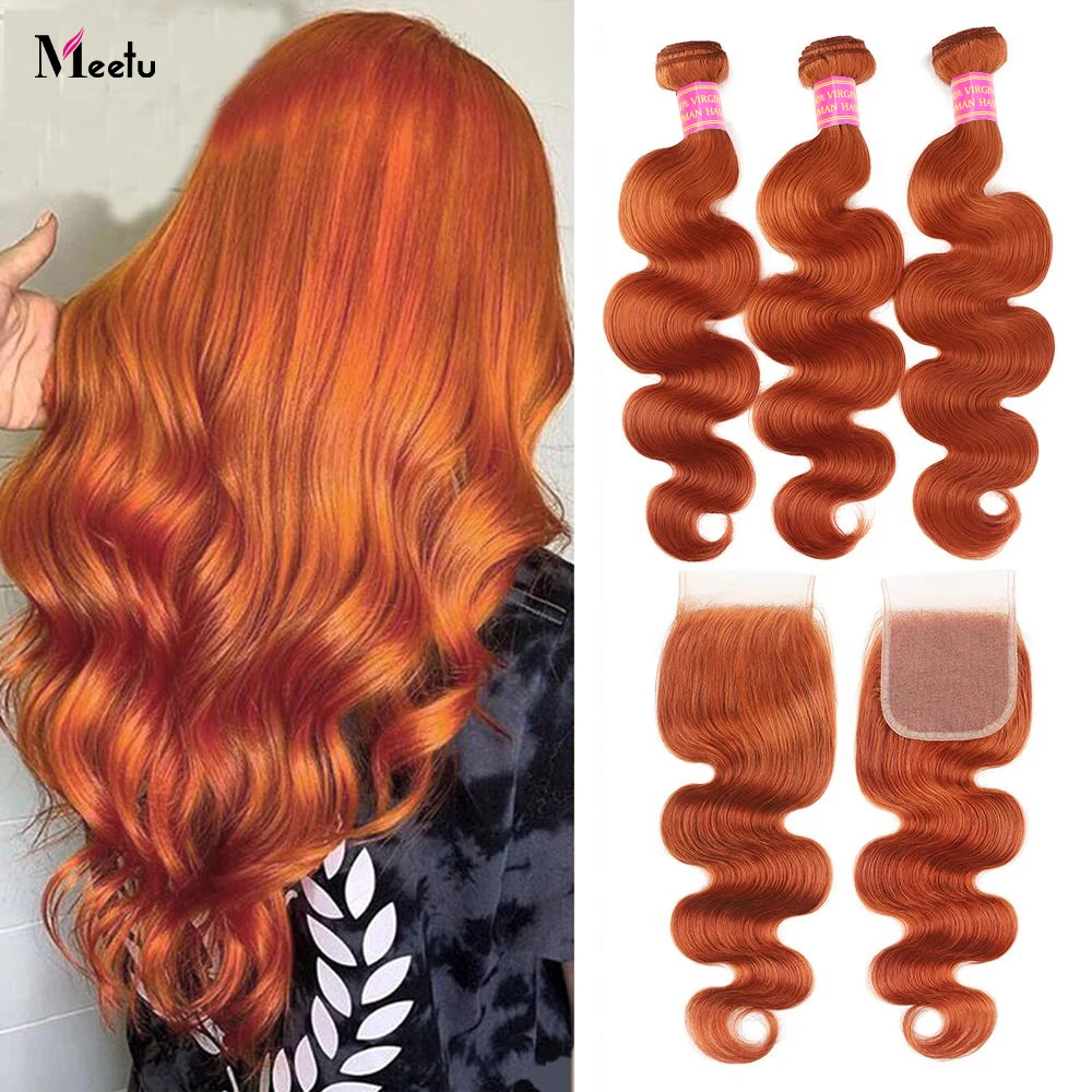 Meetu Ginger Bundles With Closure Body Wave Bundles With Lace Closure Brazilian Remy Blonde Orange Colored  Hair Weave For Women