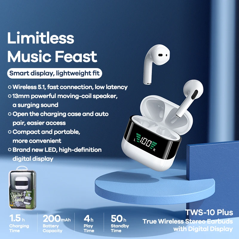 

TWS-10 Plus Dynamic Mini HIFI Metal Bluetooth Headphones Digital Display In Ear Stereo Fidelity Music Wireless Earphones