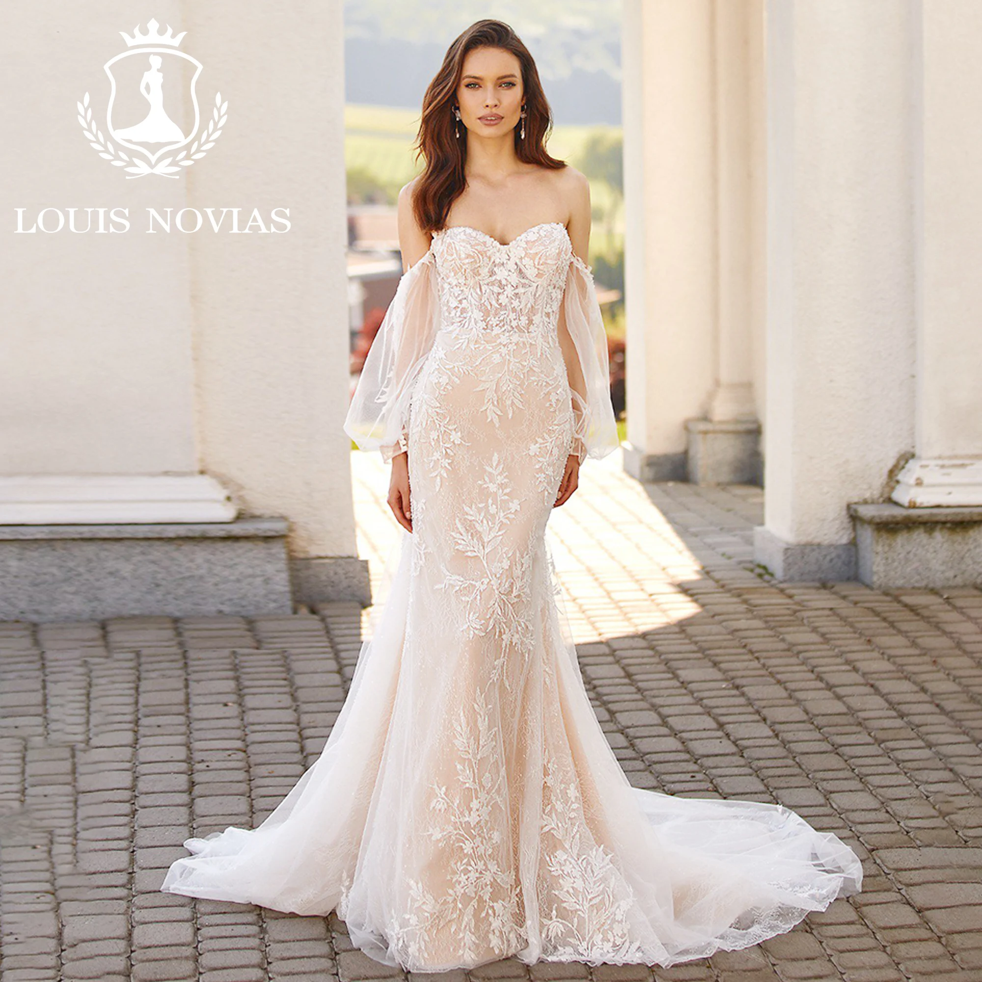 

LOUIS NOVIAS Mermaid Puff Sleeve Wedding Dress 2023 Modern Sweetheart Appliques Pretty Champagne Wedding Gown Vestidos De Novia