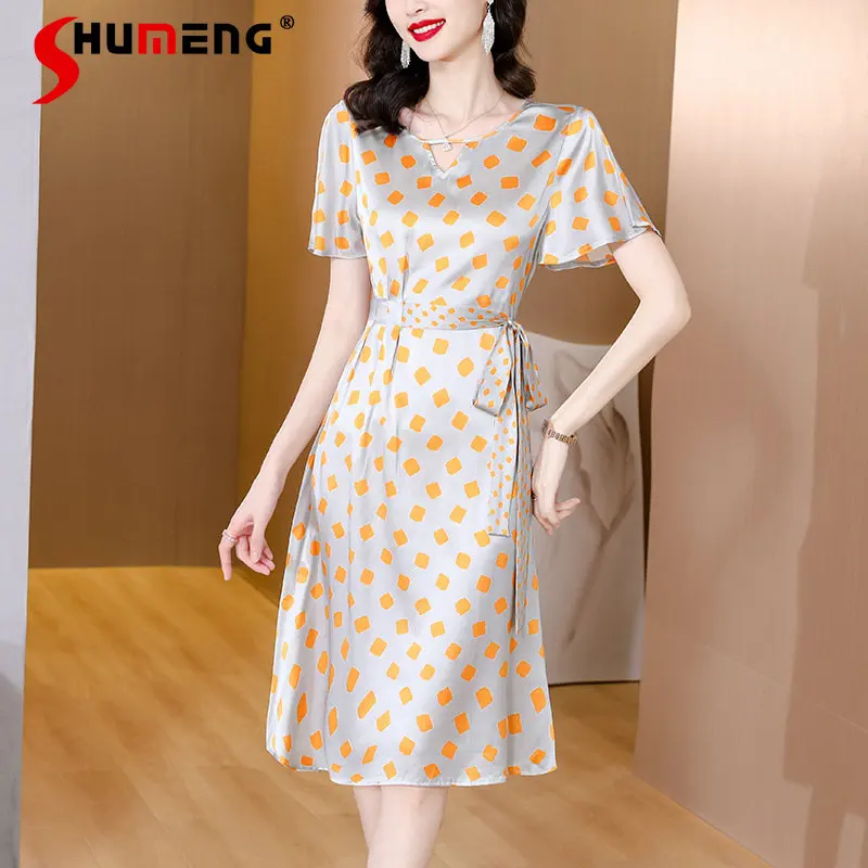 Summer Short Sleeve Silk-like Satin Printed Dress for Women Slimming Elegant High Sense V-neck Mid-Length Dress Female