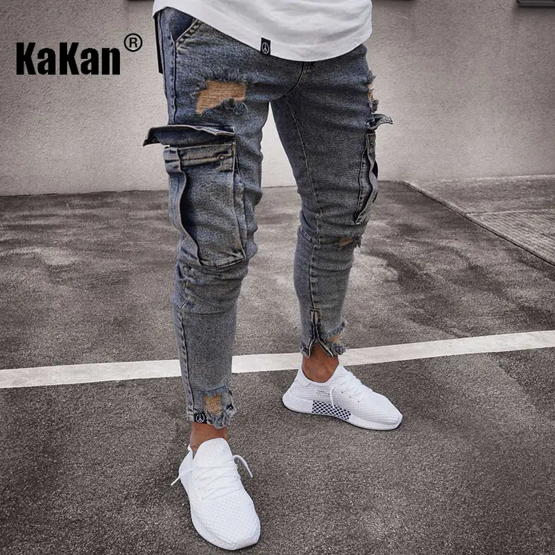 Kakan - European and American Trend Knee Pierced Jeans for Men, Zippered Slim Fit Small Leg Long Jeans K40-806