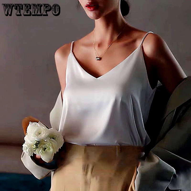 

Майка женская шифоновая с V-образным вырезом, свободная однотонная Повседневная рубашка из вискозы, на бретелях-спагетти, без рукавов, на лето