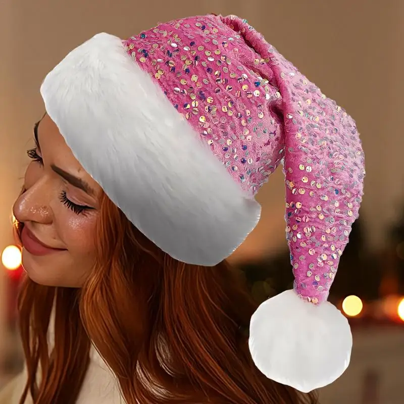 Шапка Санта-Клауса с блестками Рождественская шапка блестящими пайетками и