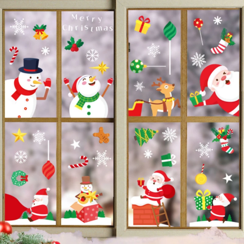 

Съемные рождественские статические наклейки из ПВХ, наклейки на окна с Санта-лосем, украшение, снежинка, наклейки на стену, Новогодняя вечер...