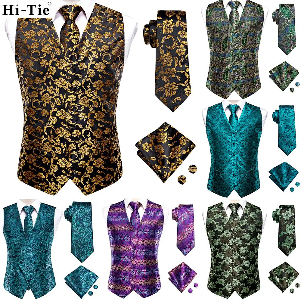 Hi-Tie Black Gold Floral Silk Dress Vest Set For Men Dark Blue Jacquard Men's Suit Vest Male Waistcoat For Wedding Formal Jacket