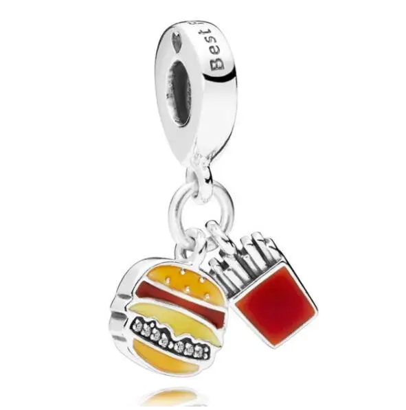 

Genuine 925 Sterling Silver Charm Red Enamel Burger & Fries With Best Friend Beads Fit pan Bracelet & Necklace
