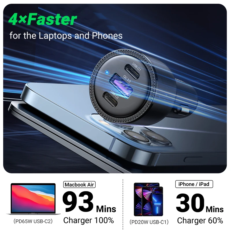 UGREEN 69W Car Charger USB Type C Dual Port PD QC 4.0 3.0 Fast Charging For Laptop Car Phone Charger For iPhone 14 13 12 Samsung
