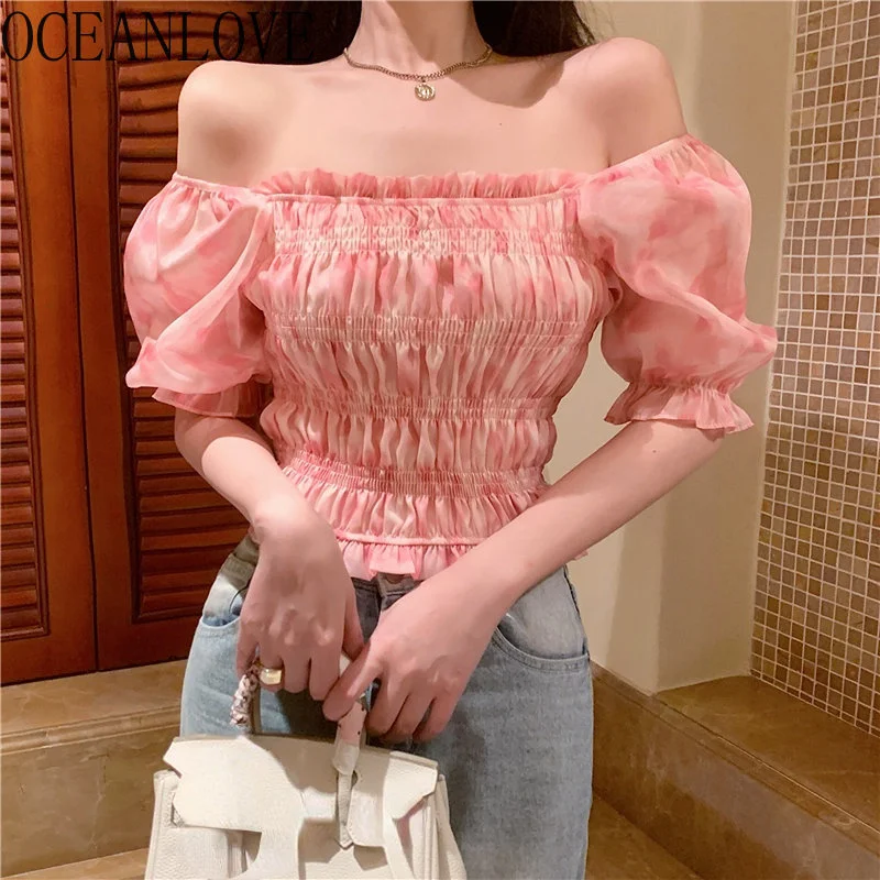 

Sweet Women Blouses Slash Neck Korean ashion Short Sexy Blusas eminina Vintage Spring Summer Slim Print Shirts